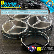Load image into Gallery viewer, 4 Gloss Black Wheel Center Hub Caps For Mercedes-Benz Emblem 75MM AMG C E Wreath