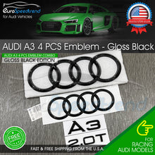 Load image into Gallery viewer, Audi A3 Front Rear Rings Emblem Gloss Black Trunk Quattro 2.0T TDI Badge Set OE

