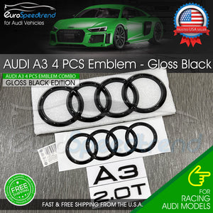 Audi A3 Front Rear Rings Emblem Gloss Black Trunk Quattro 2.0T TDI Badge 2021 +