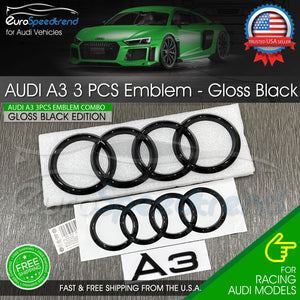 Audi A3 Front Rear Rings Emblem Gloss Black Trunk Quattro 2.0T TDI Badge 2021 +