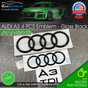 Audi A3 Front Rear Rings Emblem Gloss Black Trunk Quattro 2.0T TDI Badge Set OE