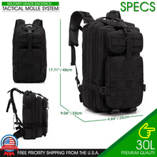 Load image into Gallery viewer, 30L Military Black Tactical Backpack Rucksack Camping Hiking Bag Daypack Travel