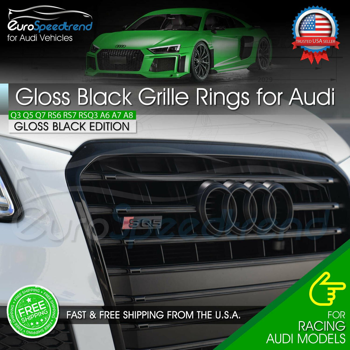 Audi Rings Front Grill Gloss Black Emblem Badge Q5 SQ5 Q3 Q7 A6 A7 4H0