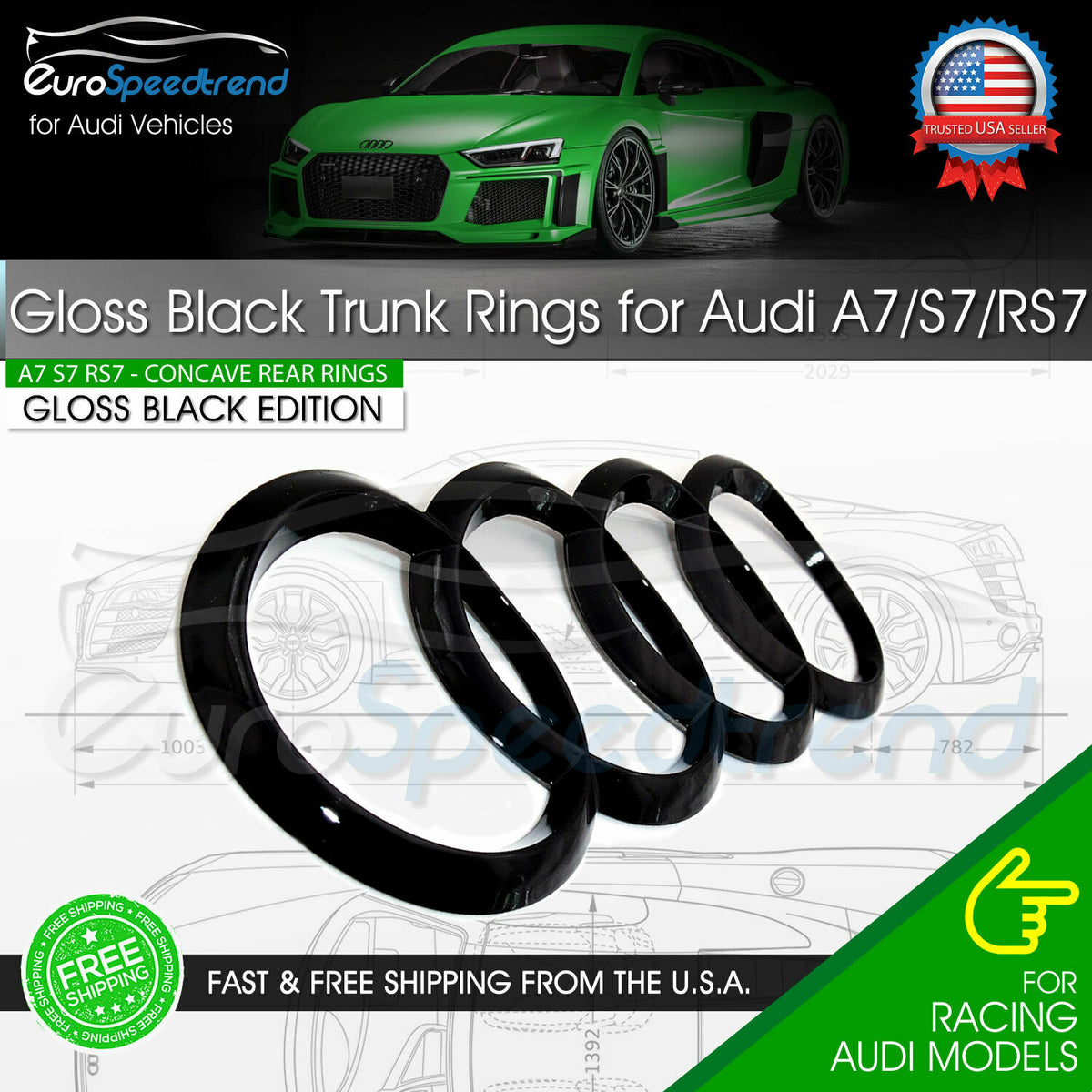 Audi A7 Rear Rings S7 RS7 Gloss Black Rear Trunk Emblem Lid