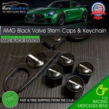Load image into Gallery viewer, AMG Valve Stem Caps and Keychain Black Mercedes-Benz Emblem Wheel Tire Cap C E S