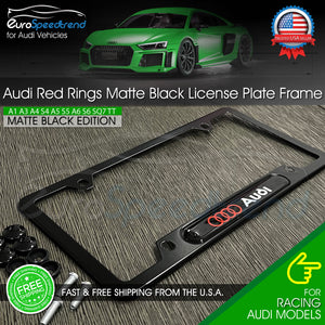 Audi Matte Black License Plate Frame Front or Rear 3D Red Ring Emblem Cover