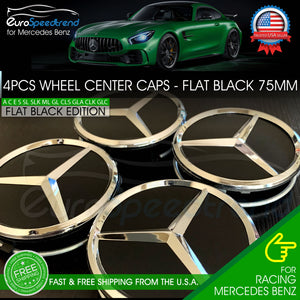 4 Mercedes-Benz Flat Black Wheel Center Hub Caps Emblem 75MM AMG C E G ML S SL