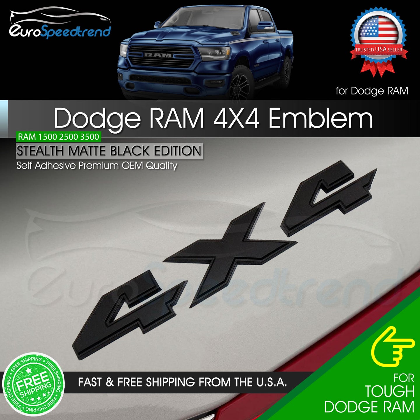Matte Black 4X4 Emblem for Dodge RAM 1500 2500 3500 Rebel Tailgate Badge