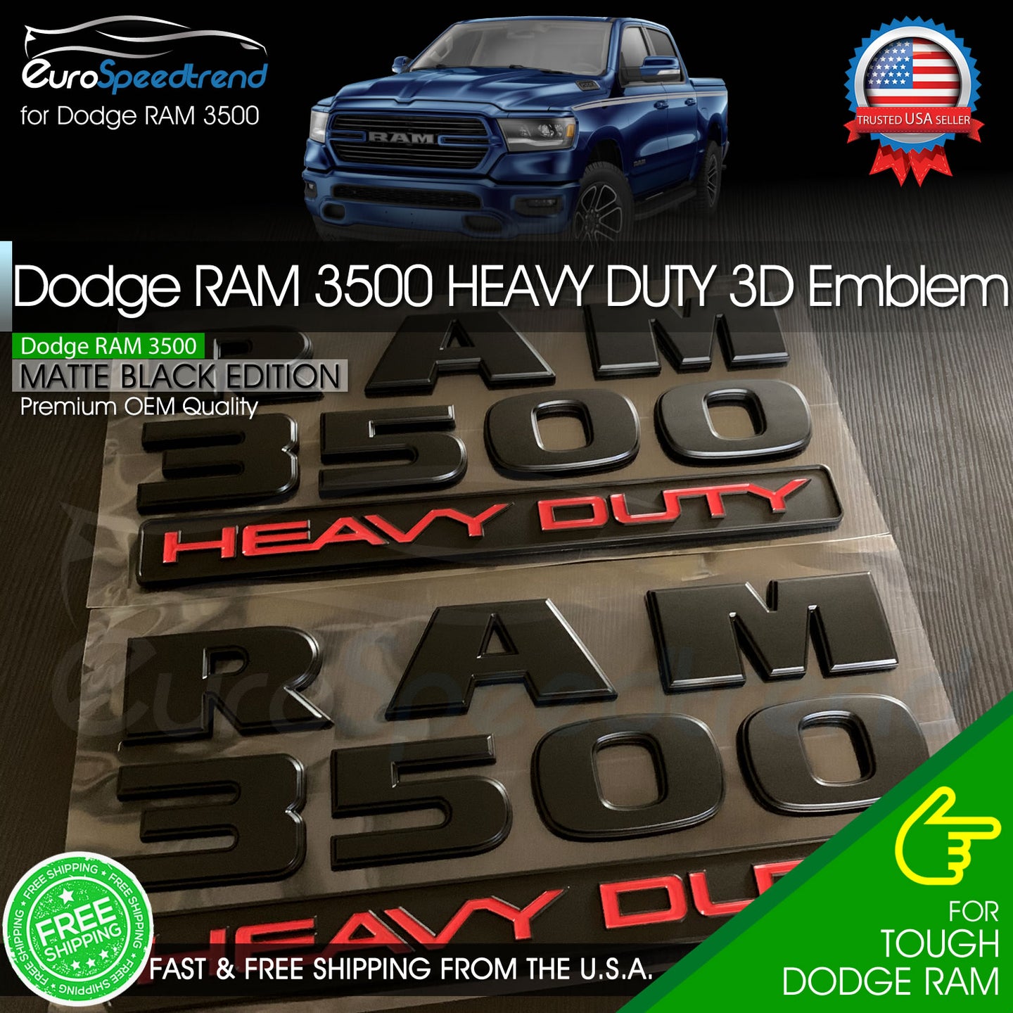 Ram 3500 Heavy Duty Emblem Matte Black Badge Dodge Mopar Letter Nameplate Logo 2X