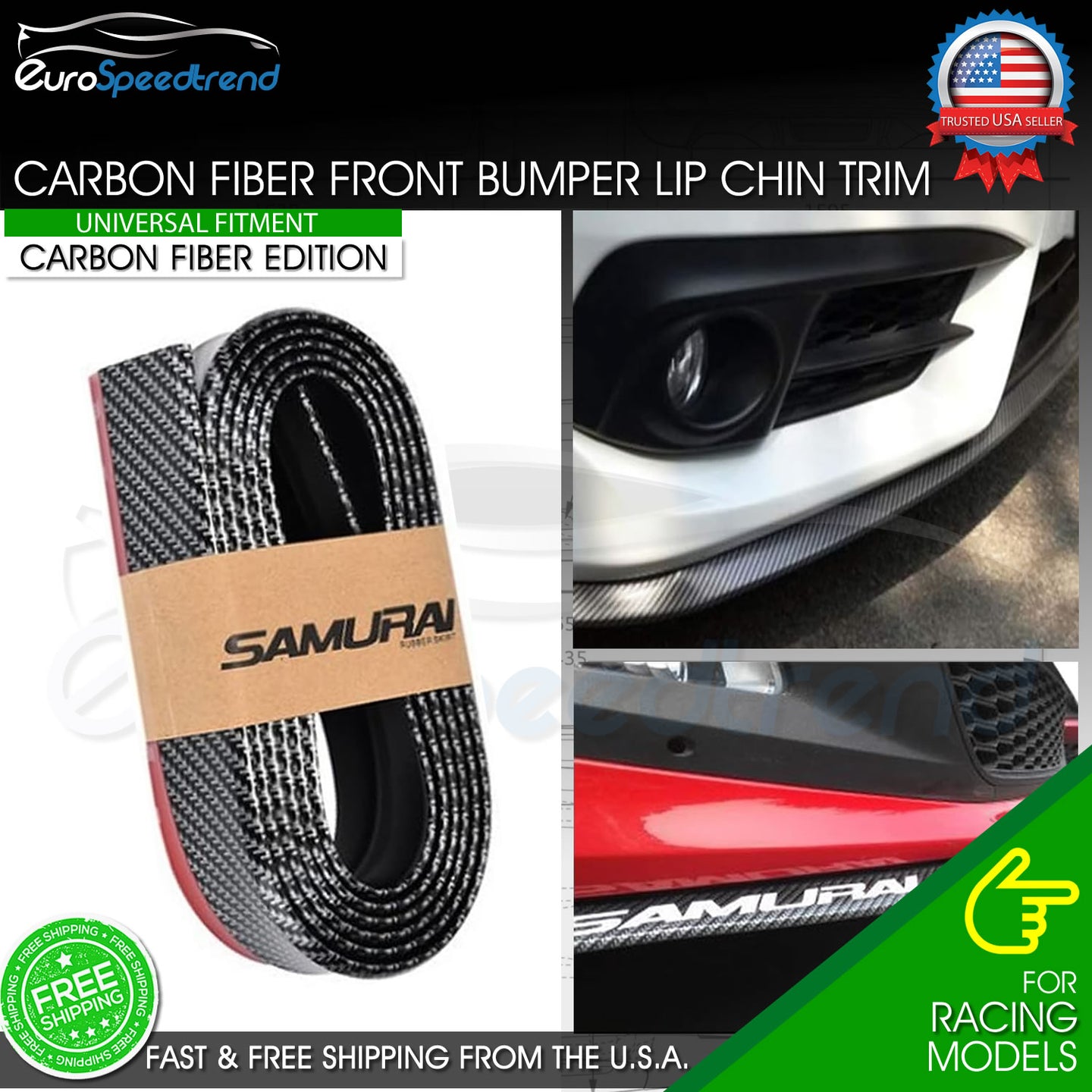 Universal Front Bumper Lip Carbon Fiber Spoiler Splitter Side Body Kit Chin Trim