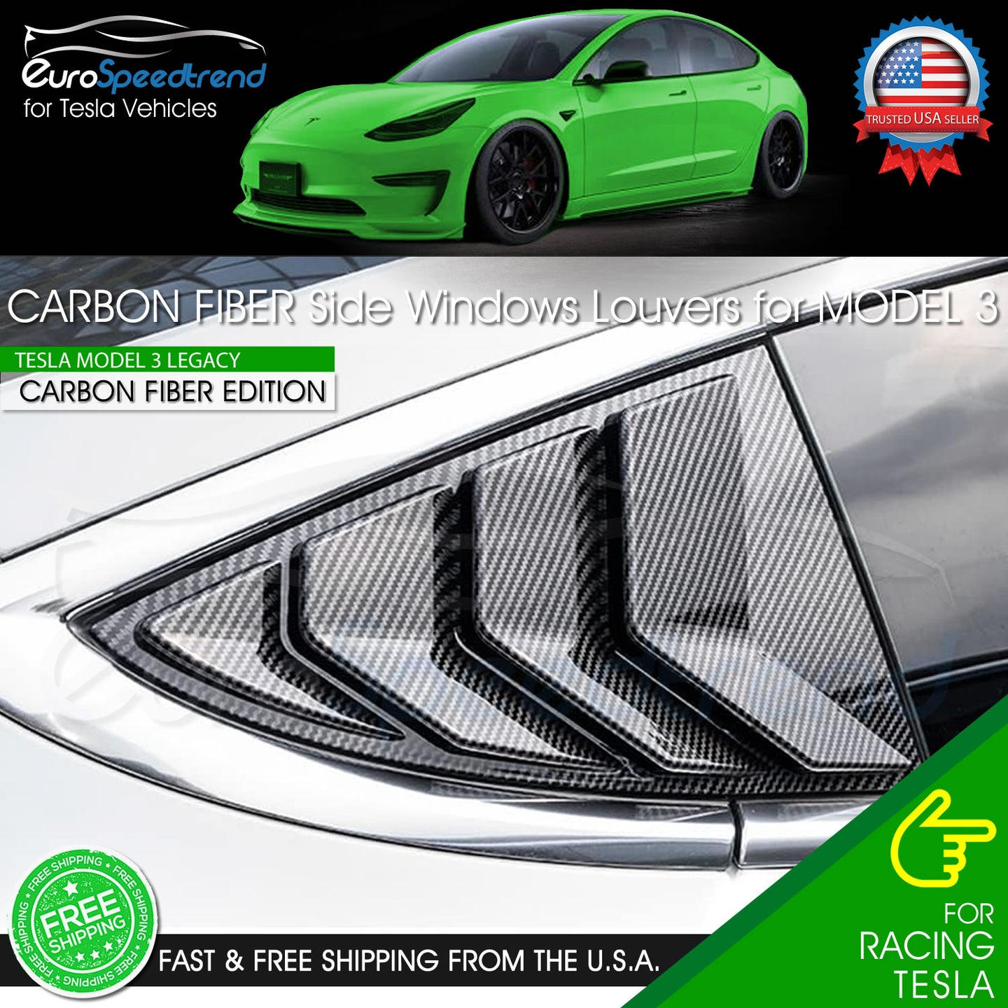 For 2017-2021 Tesla Model 3 Carbon Fiber Rear Side Window Louver Shutter Covers