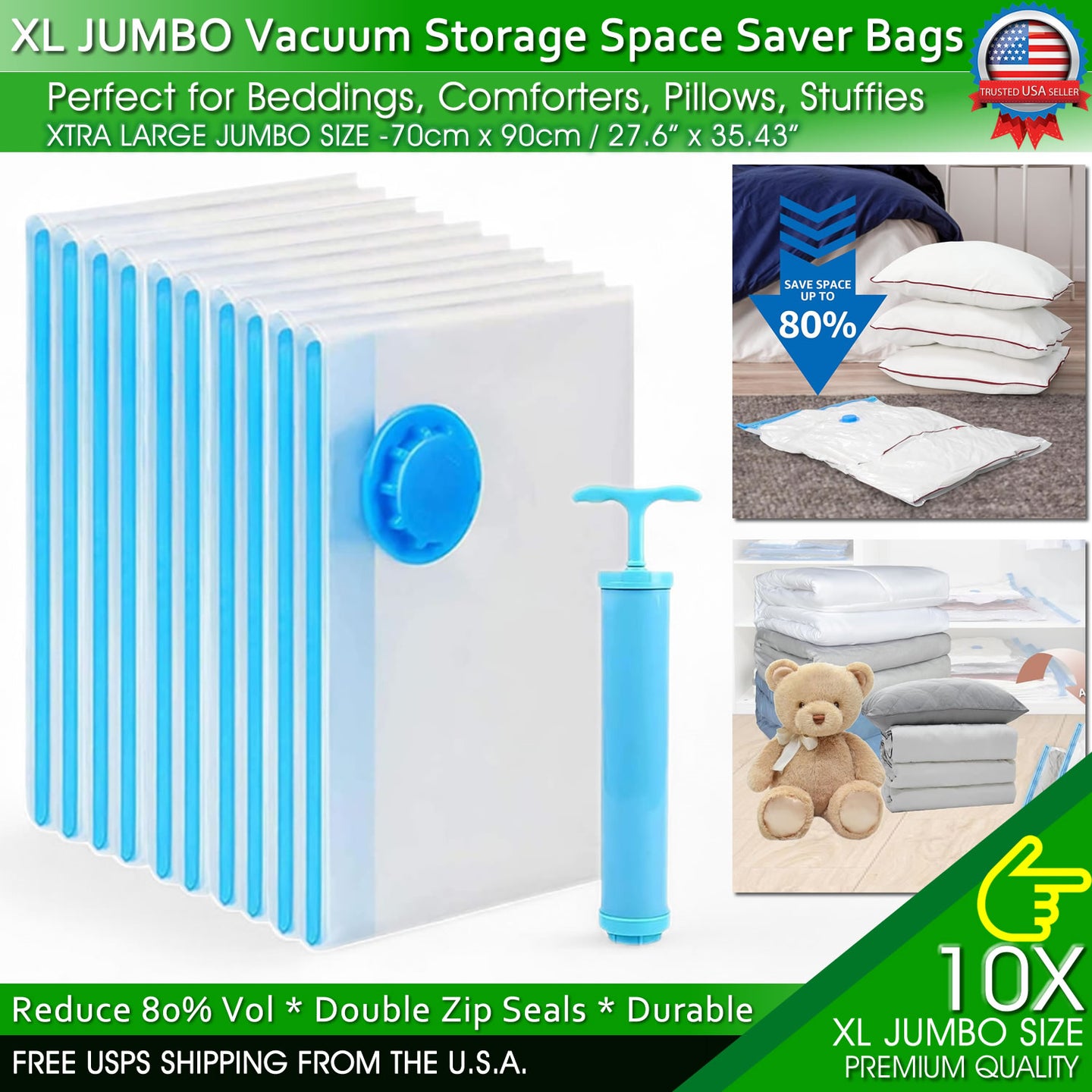 Jumbo Vacuum Storage Bags XL Comforters Bedding Clothes Space Saver w/ Hand Pump