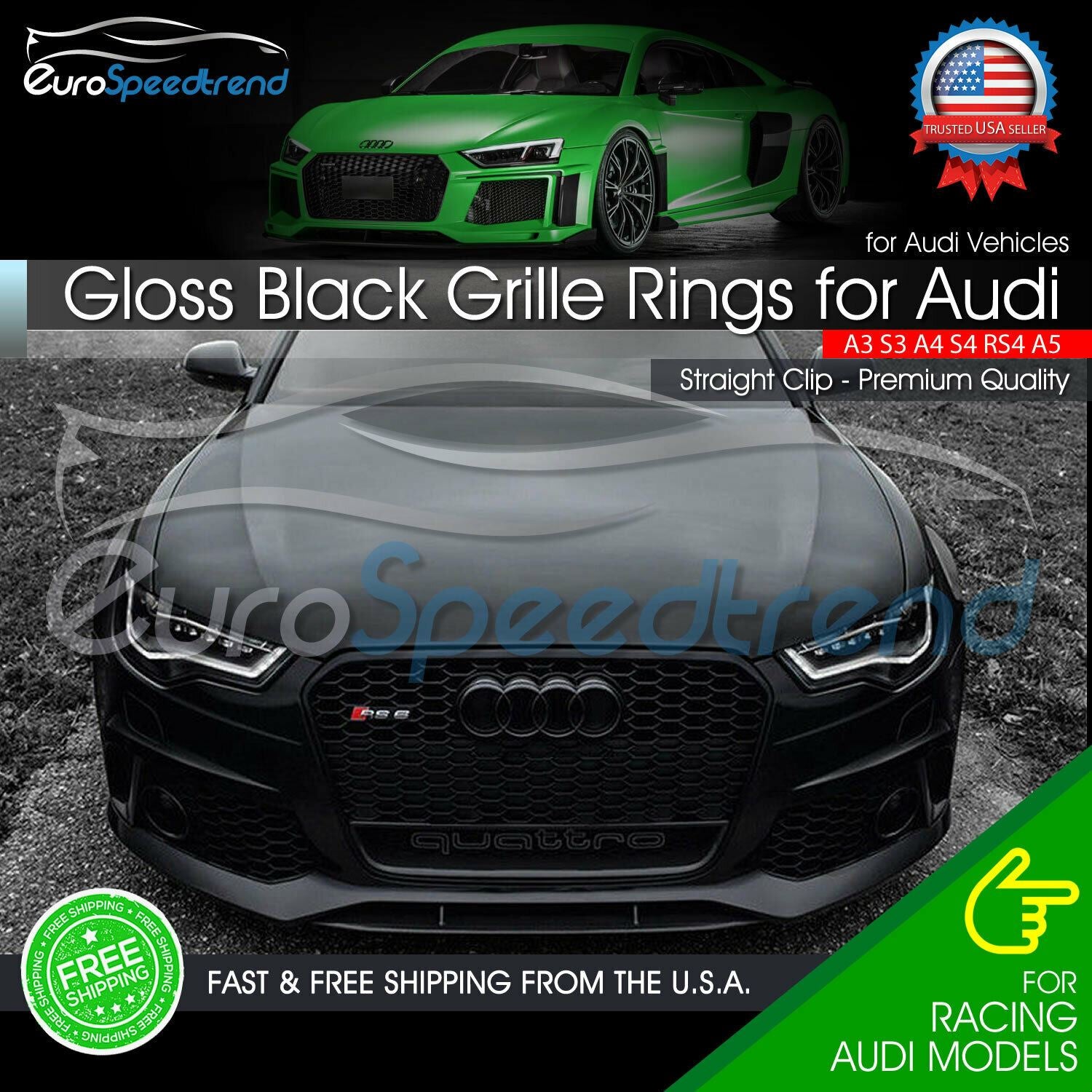 Audi Rings Front Grill & Rear Trunk Emblem Gloss Black Logo A3
