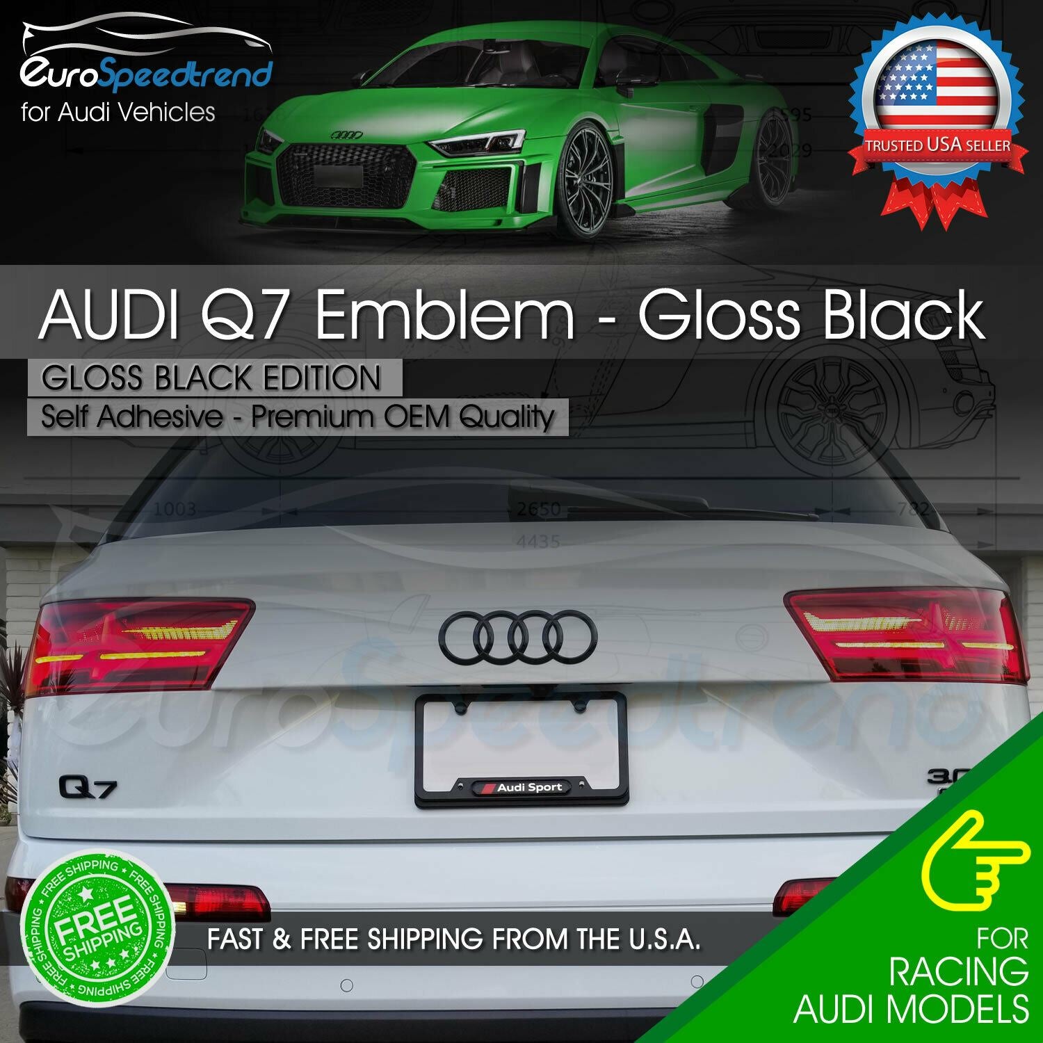 Audi Q7 2010-2015 Front & Rear Rings Emblem Badge SET Gloss Black