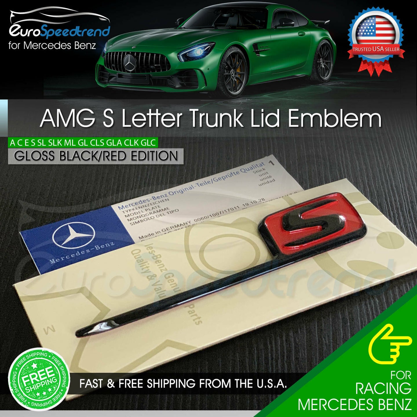 AMG S Letter Trunk Emblem Gloss Black Red 3D OEM Badge 2019 C63S E63 C43 Benz