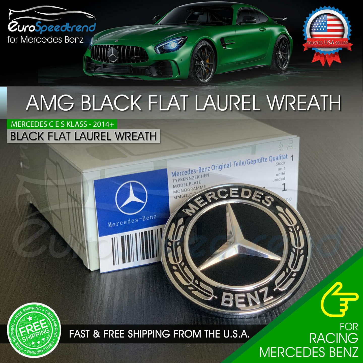 Black Flat Hood Laurel Wreath Front Badge AMG Logo Emblem Mercedes Benz C E S
