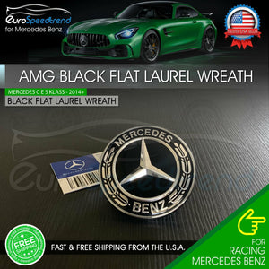 Black Flat Hood Laurel Wreath Front Badge AMG Logo Emblem Mercedes Benz C E S