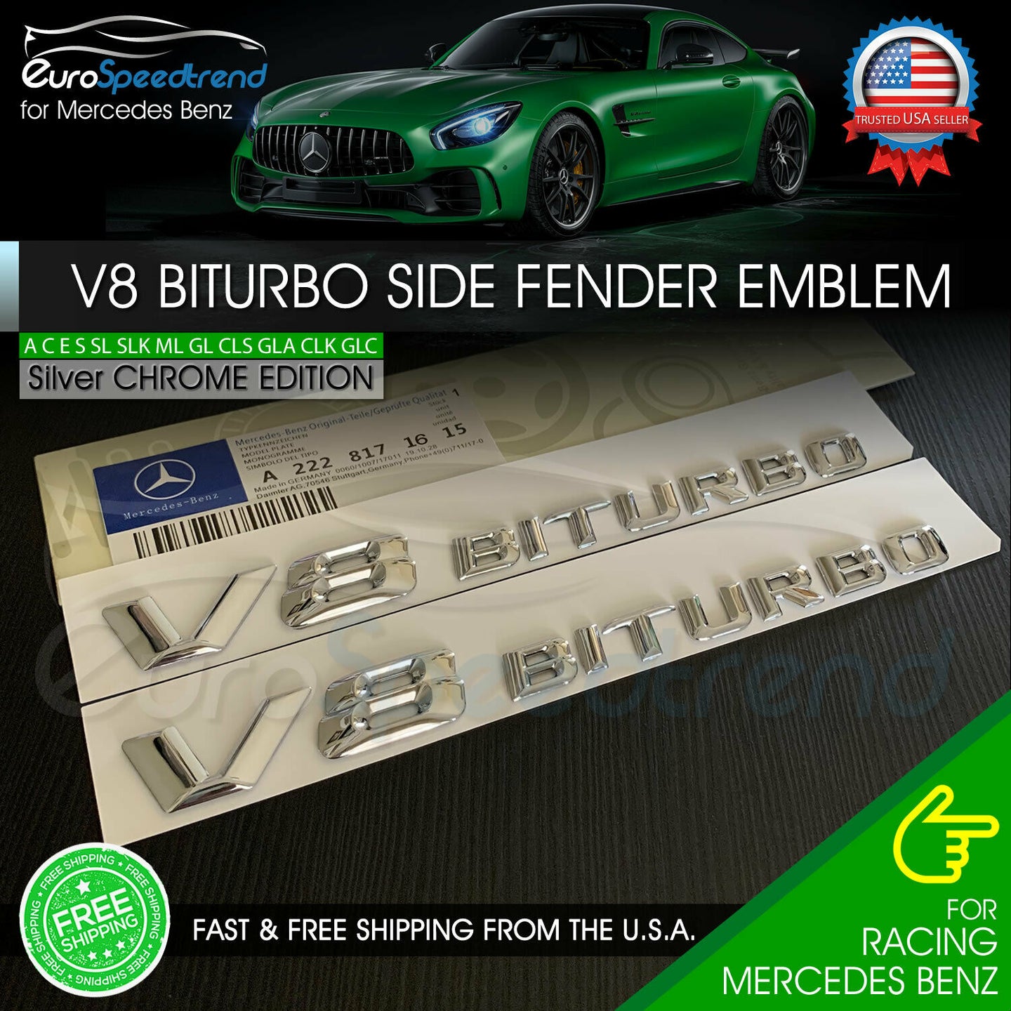 V8 BiTurbo Emblem Side Fender 3D Chrome Badge Mercedes Benz AMG CL63 E63 OEM NEW