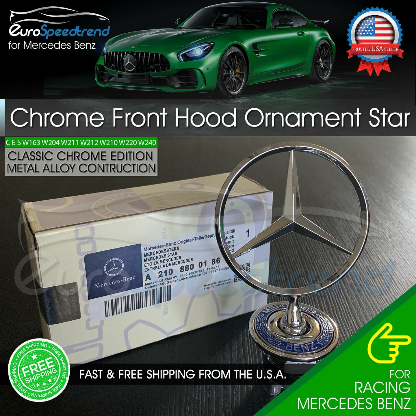Mercedes Benz Chrome Front Hood Ornament Star OEM Mounted Emblem C E S AMG