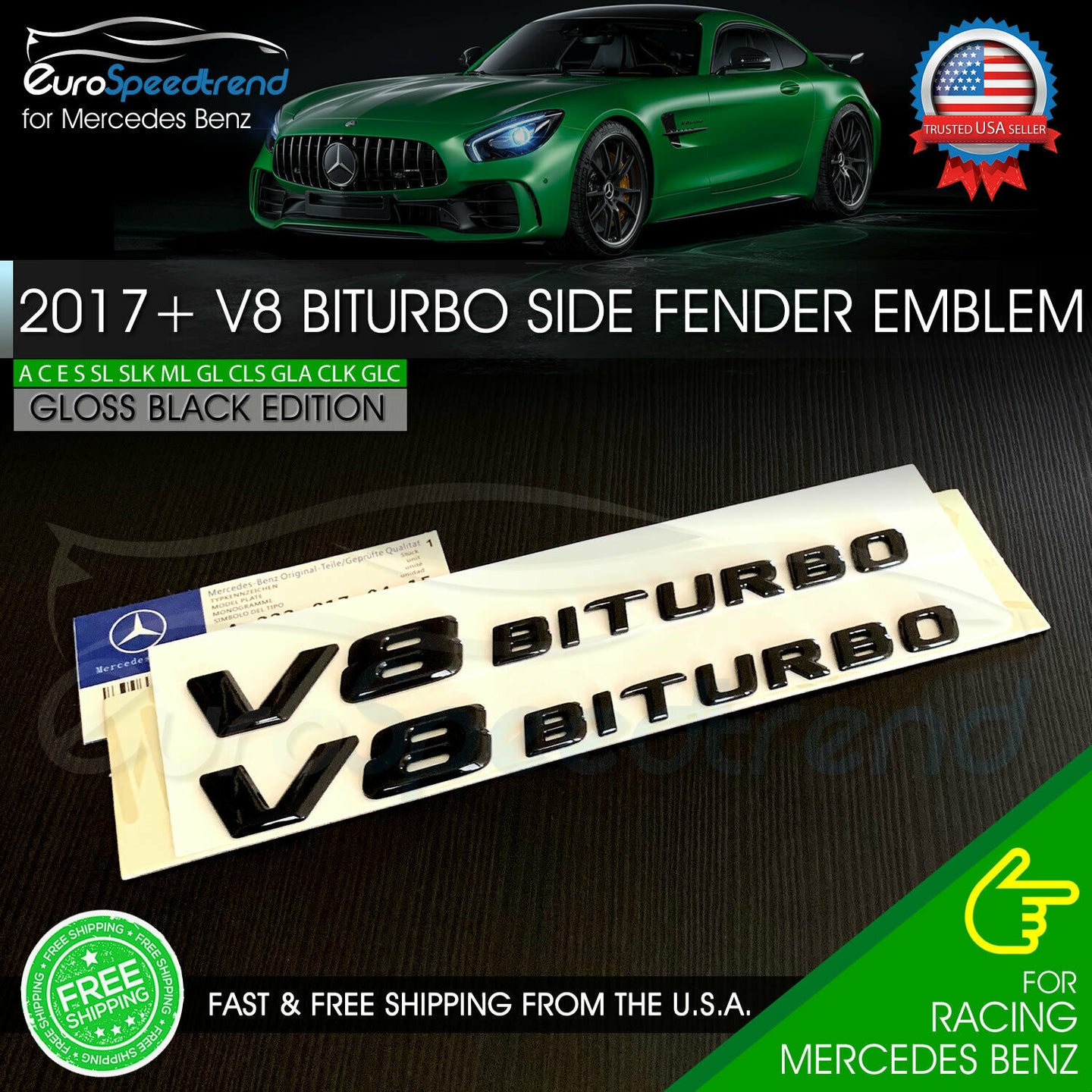 V8 BiTurbo Emblem Side Fender 3D Badge Mercedes Benz AMG 17+ Gloss Black C63 E63