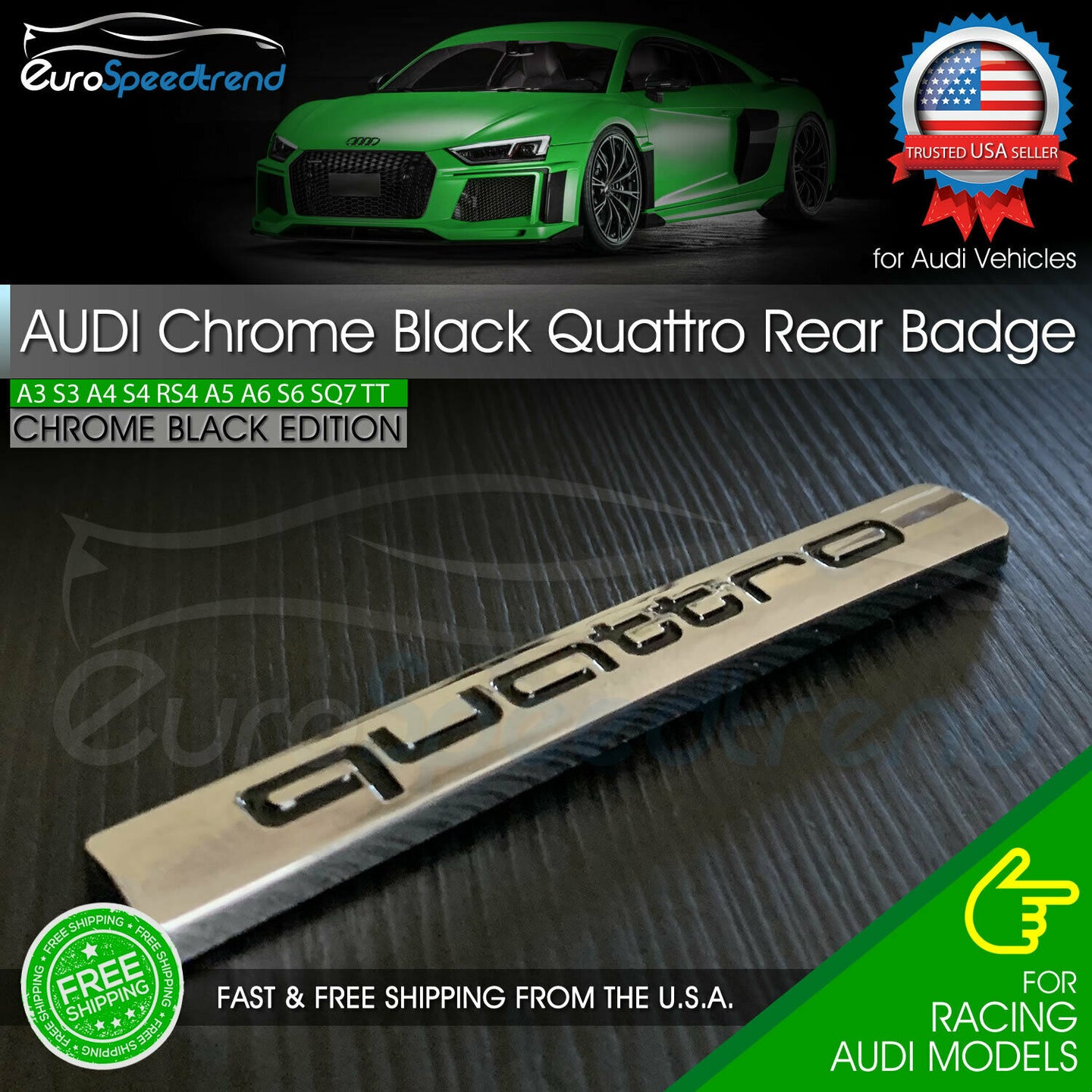 Audi Quattro Chrome Black Emblem 3D Rear Trunk Badge OEM for A3 A4 A5 A6 A8 Q5