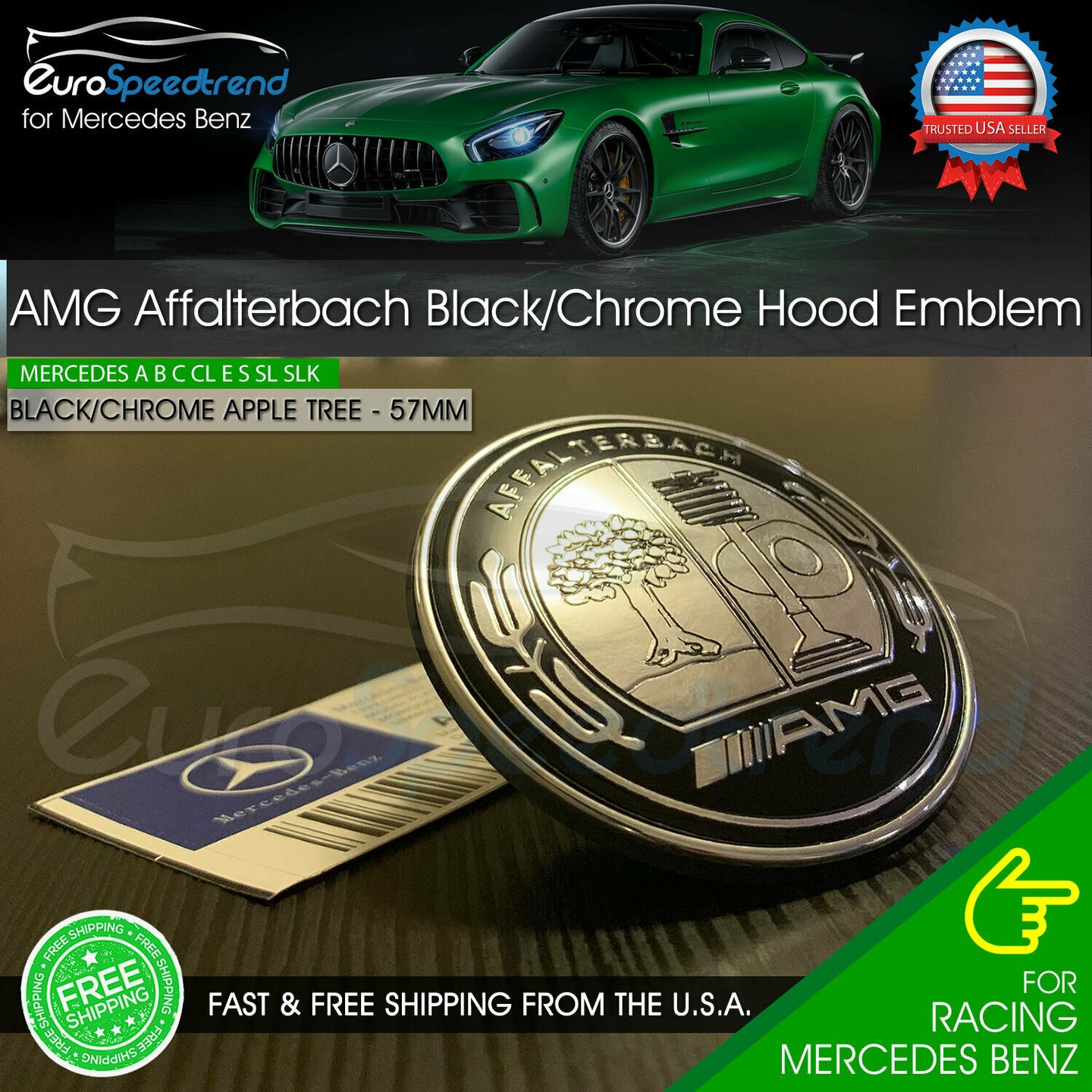 AMG Front Hood Emblem Affalterbach Black Chrome Apple Badge Mercedes Benz 57mm