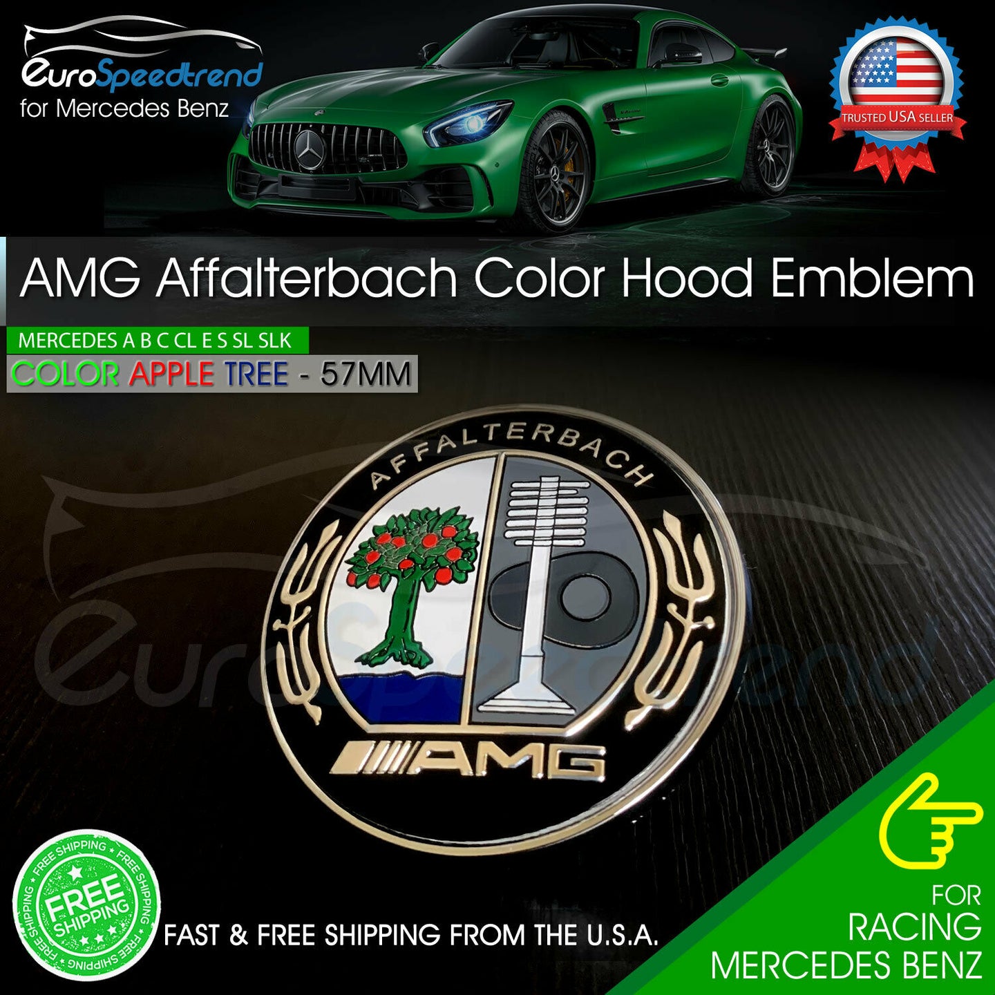 57mm Affalterbach Front AMG Emblem Color Apple Tree Flat Hood Badge Mercedes