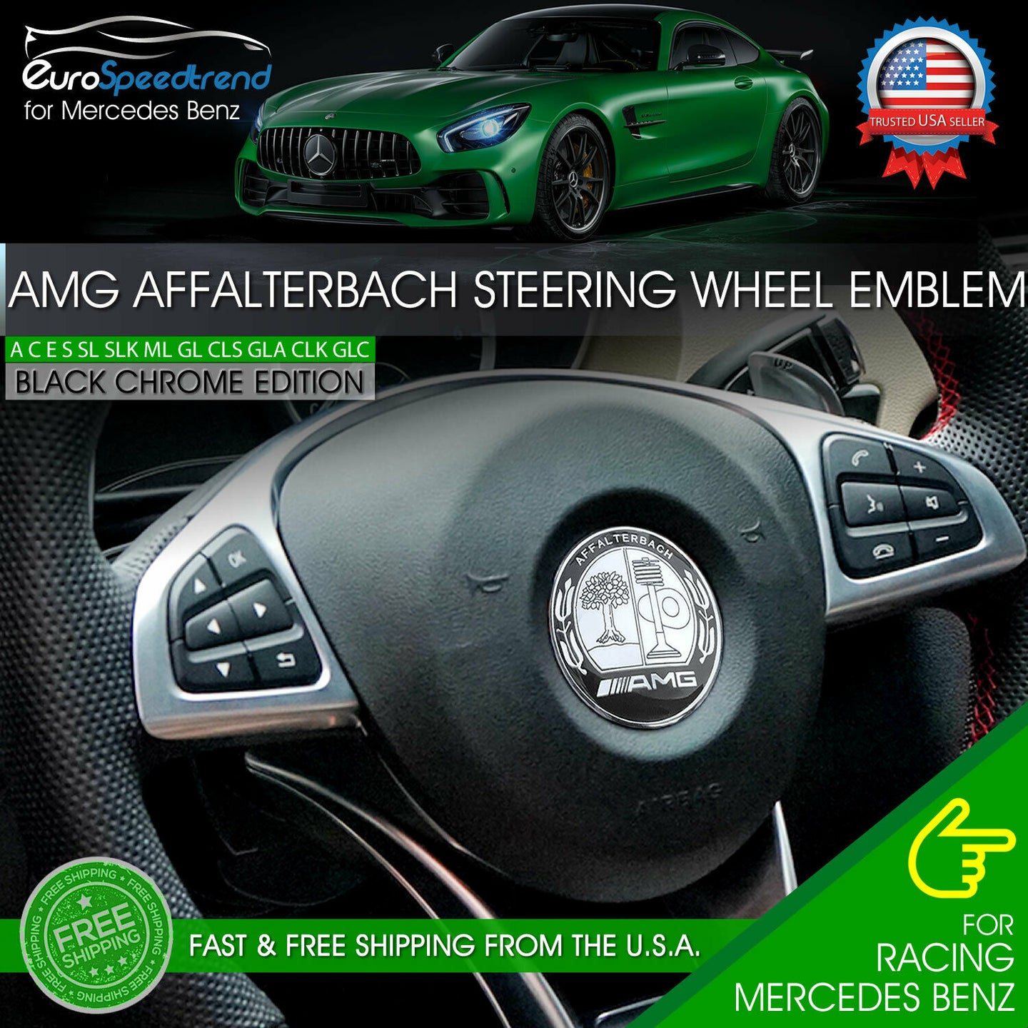 Affalterbach AMG Tree Steering Wheel Emblem Black Chrome 52mm 3D Interior Badge