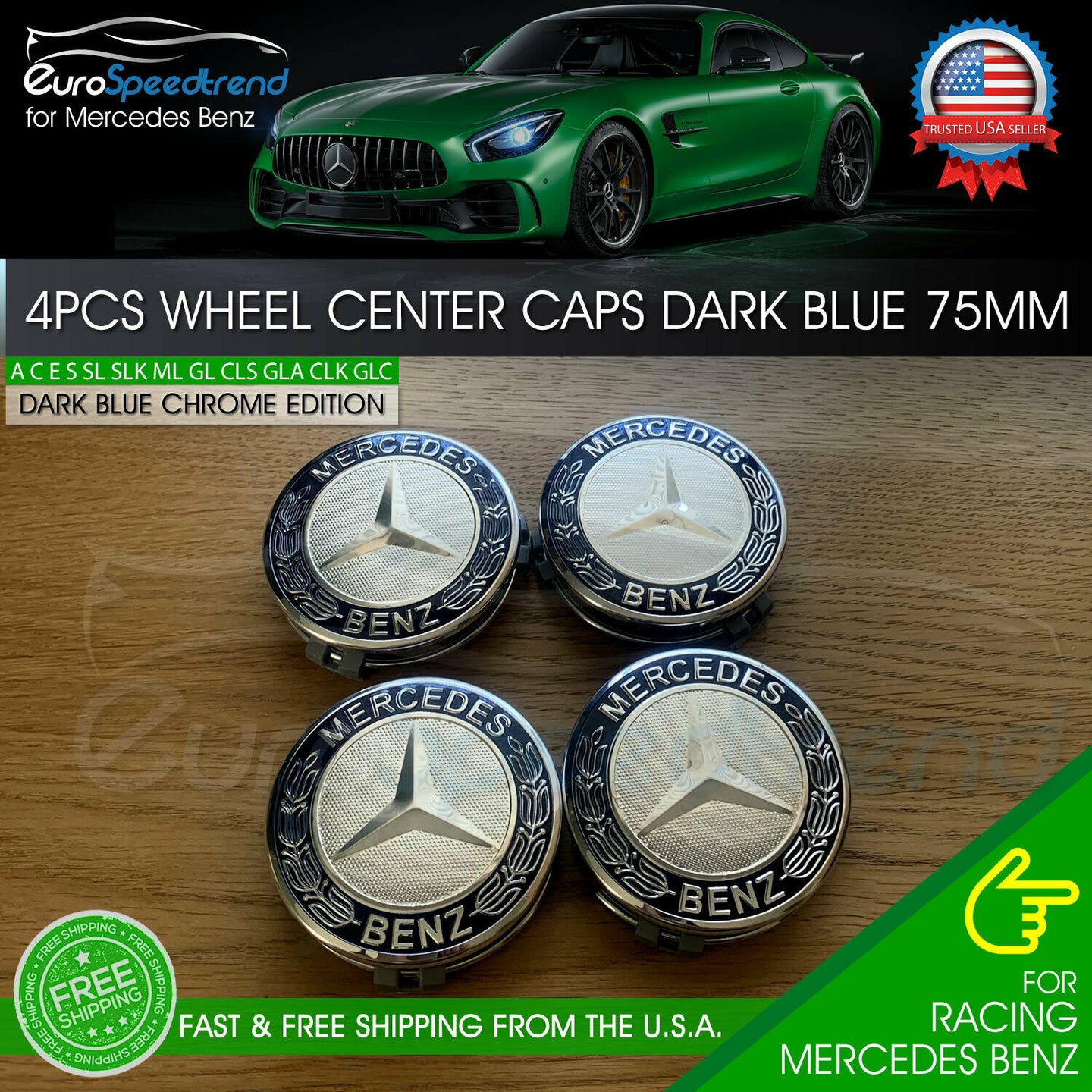 4x Mercedes Benz Wheel Center Caps Dark Blue Emblem 75MM AMG Wreath Hubcaps Set