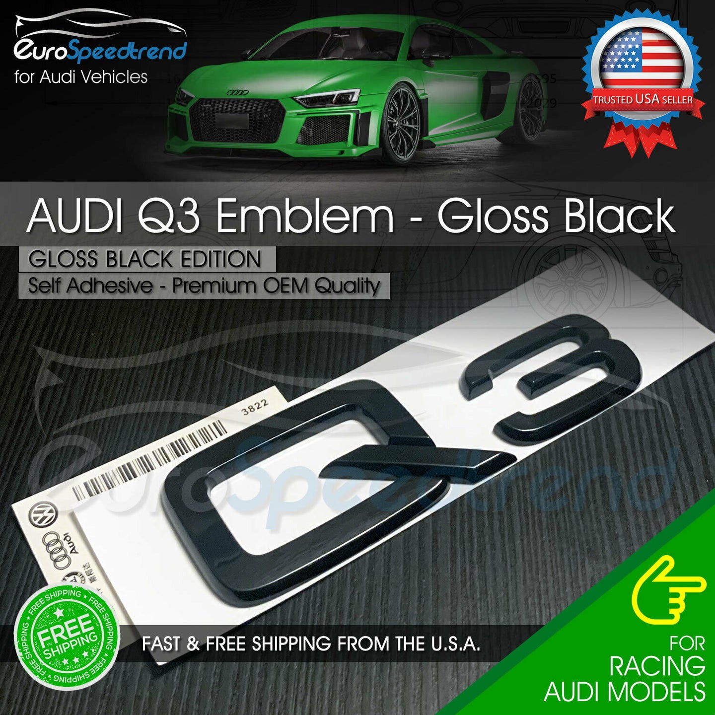 Audi Q3 Gloss Black Emblem 3D Rear Trunk Lid Badge OEM S Line Logo Nameplate SQ3