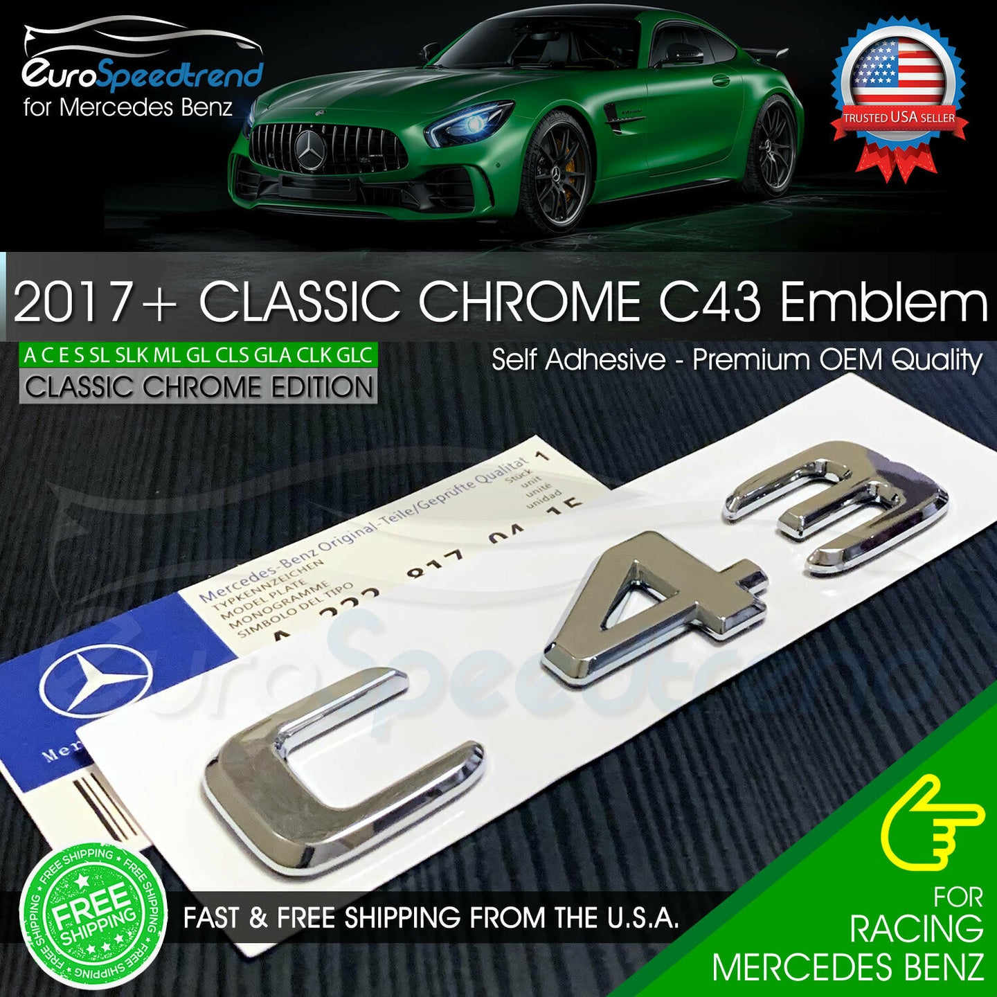 AMG C 43 Letter Emblem Chrome Trunk Rear Badge fit Mercedes Benz Logo 2017+ OEM