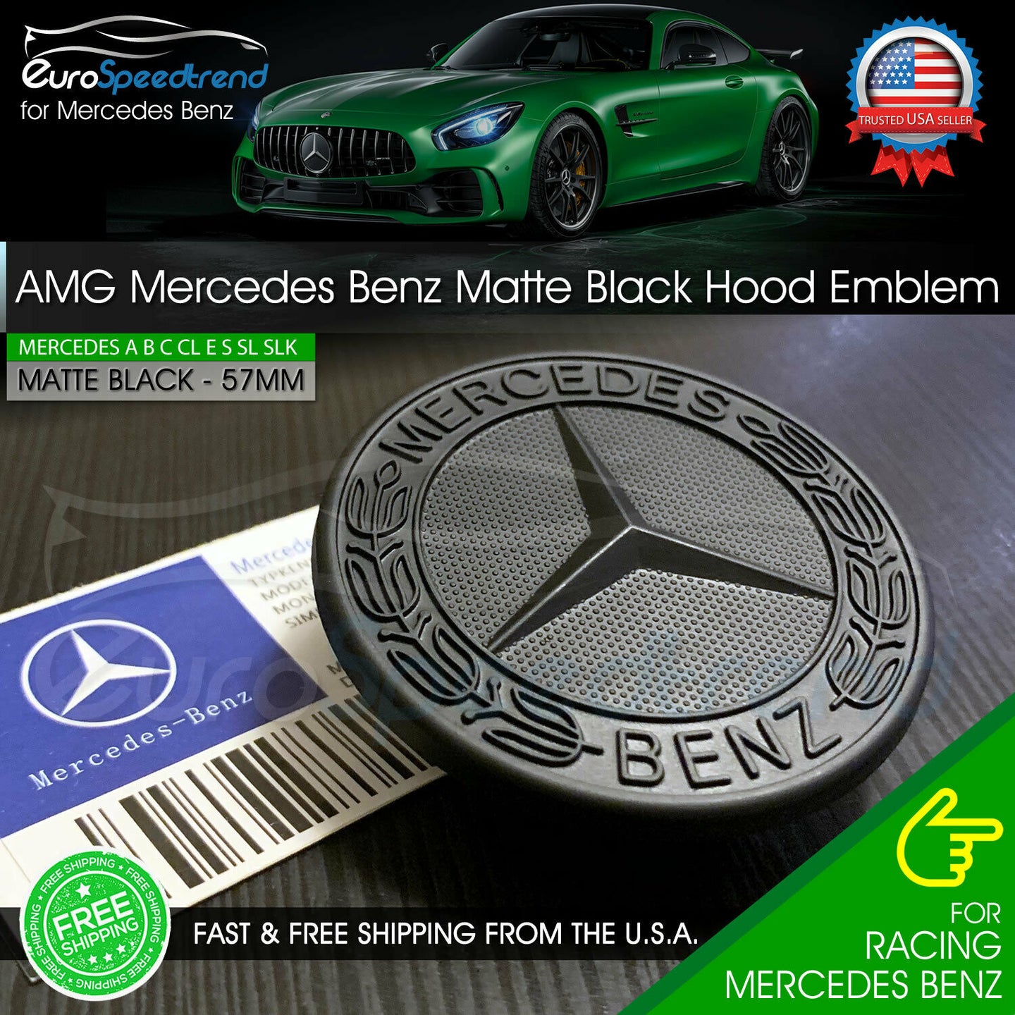 AMG Front Hood Emblem Matte Black Flat Laurel Wreath Badge Mercedes Benz 57mm C