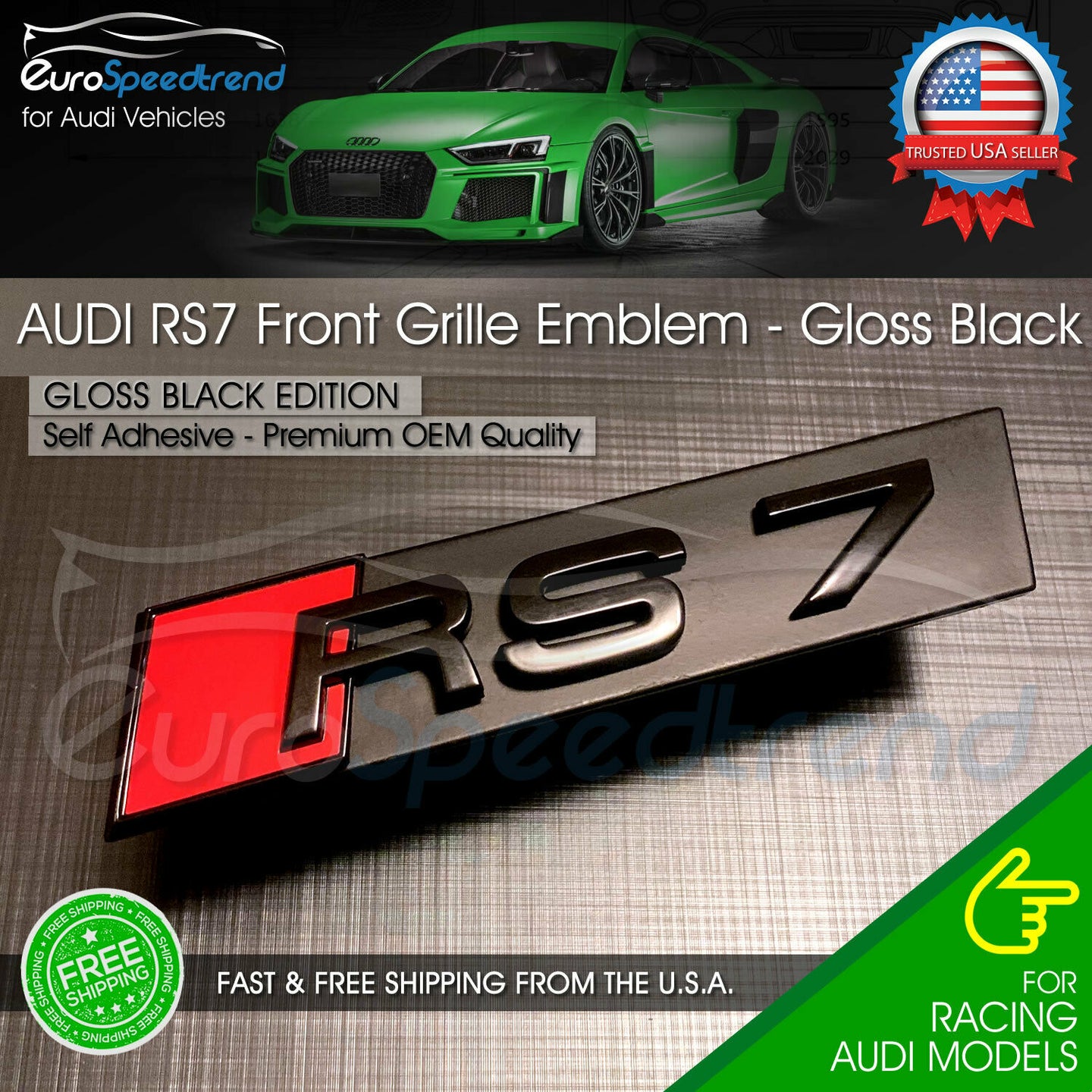 Audi RS7 Front Grill Emblem Gloss Black for RS7 A S7 Hood Grille Badge Nameplate