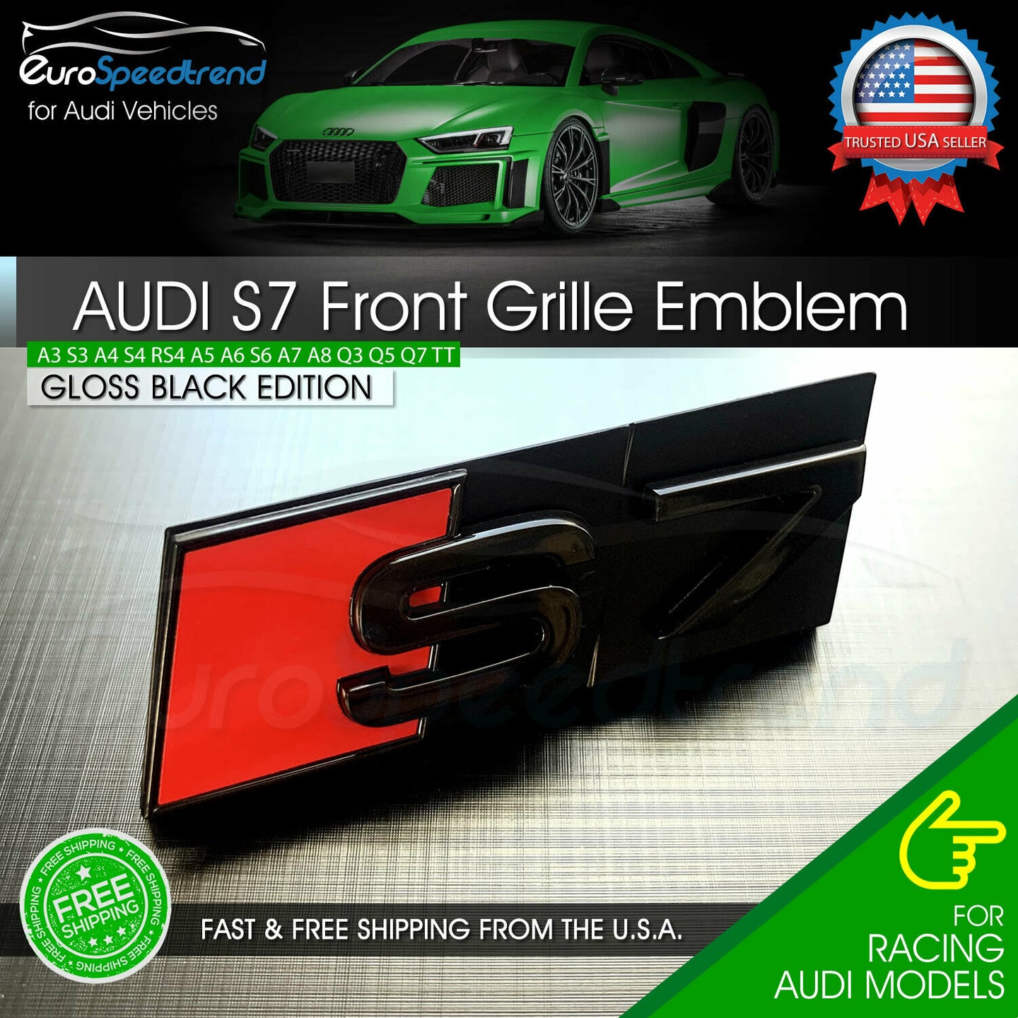 Audi S7 Front Grill Emblem Gloss Black for A7 S7 Hood Grille Badge Nameplate