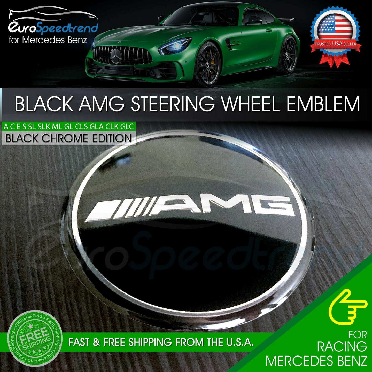 AMG Black Classic Steering Wheel Emblem Black Chrome 52mm 3D Interior Badge