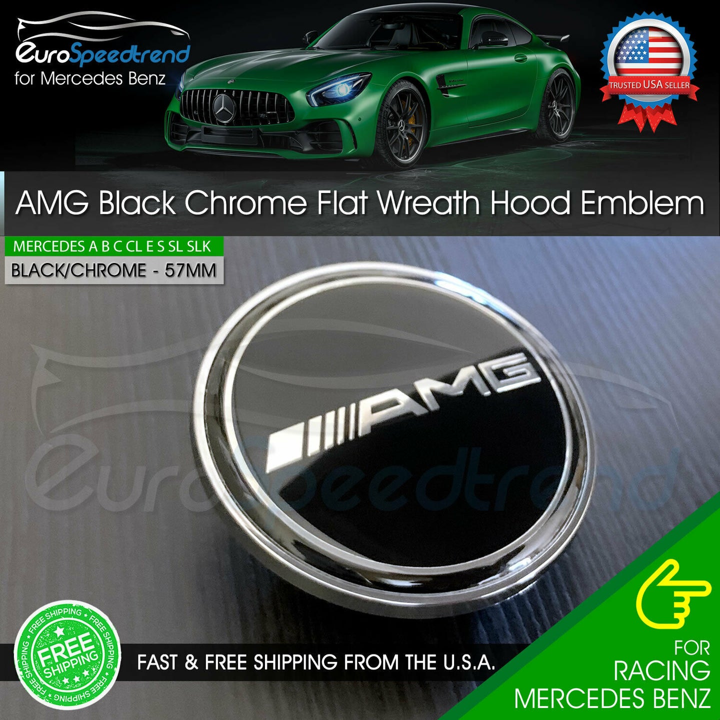 AMG Classic Front Hood Black Emblem Flat Laurel Wreath Badge Mercedes Benz 57mm