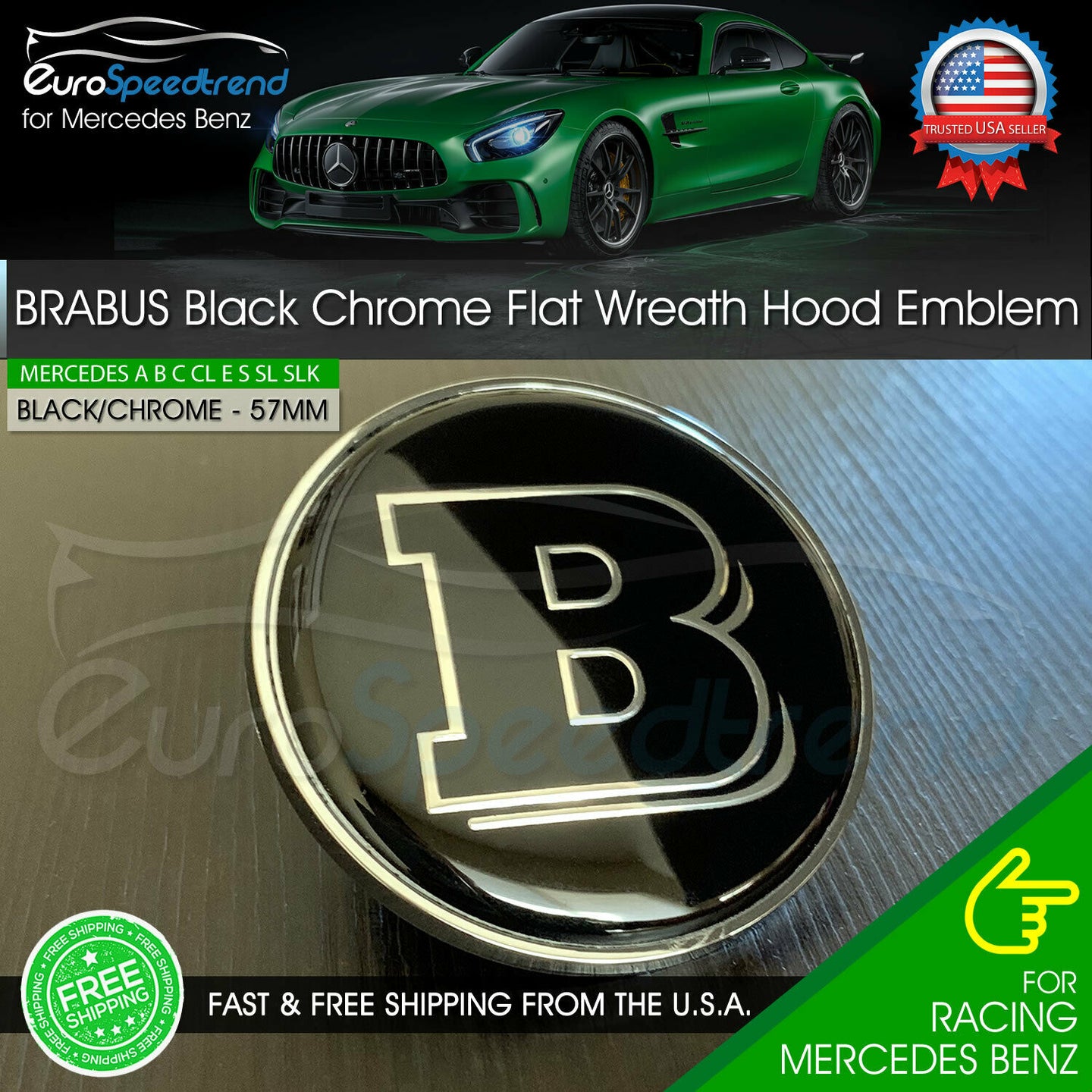 Brabus Front Hood Black Emblem Flat Laurel Wreath Badge AMG Mercedes Benz 57mm