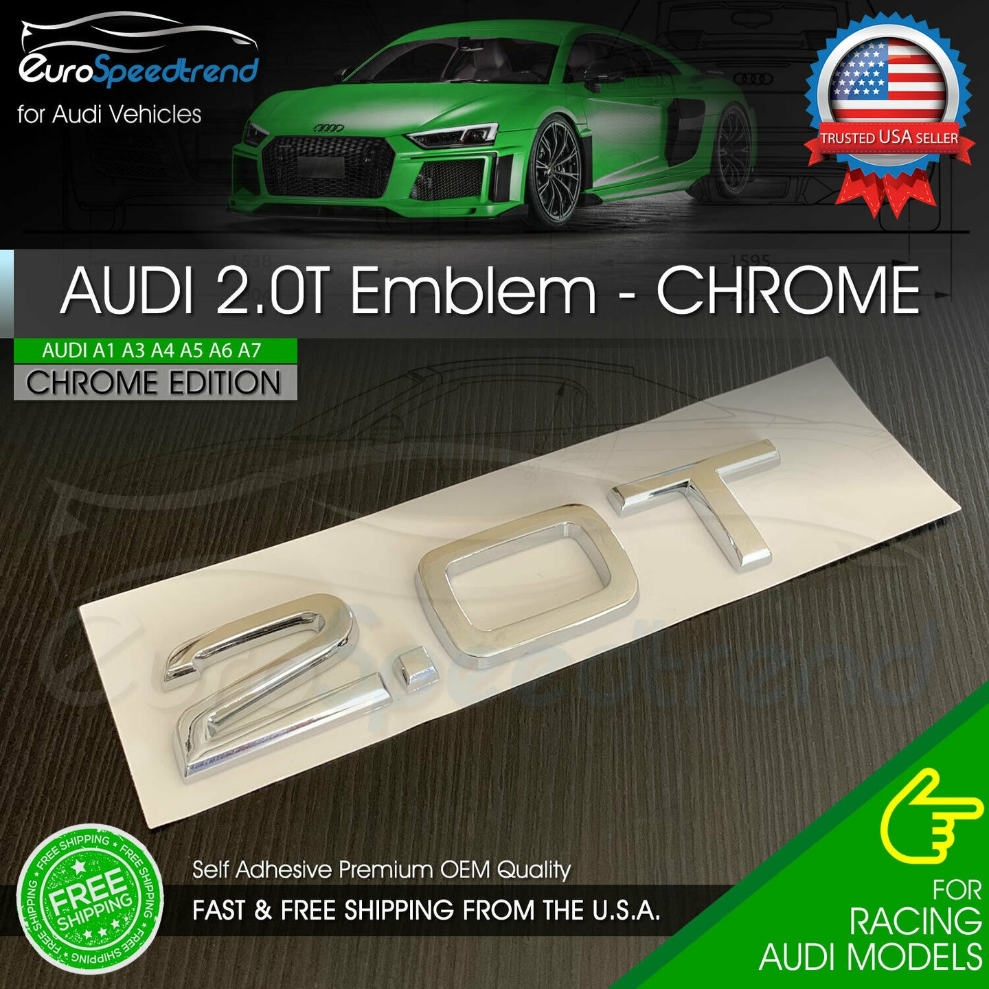 2.0T Emblem Chrome 3D Badge Trunk for Audi Nameplate OEM Compact S Line A4