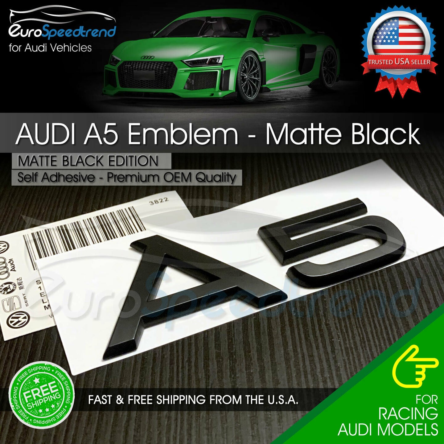 Audi A5 Matte Black Emblem 3D Rear Trunk Lid Badge OEM S Line Logo Nameplate