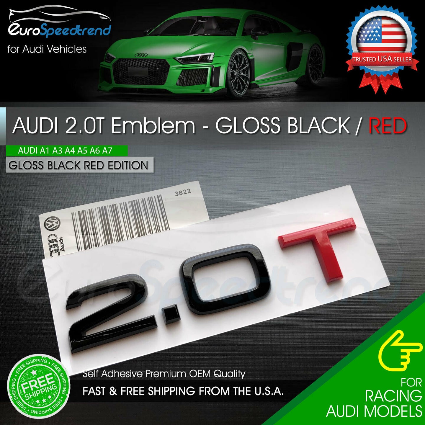 2.0T Emblem Gloss Black & Red 3D Badge Trunk Audi Nameplate OEM Compact S Line