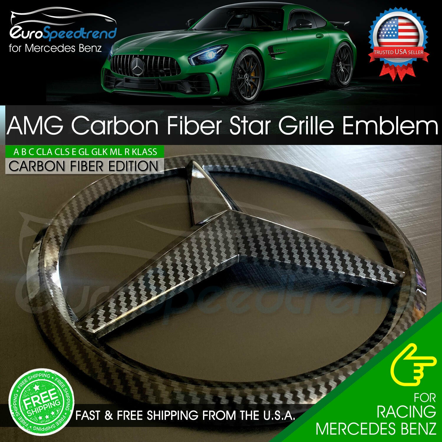 AMG Front Star Emblem Cover Sport Carbon Fiber Look Grill Badge Merced