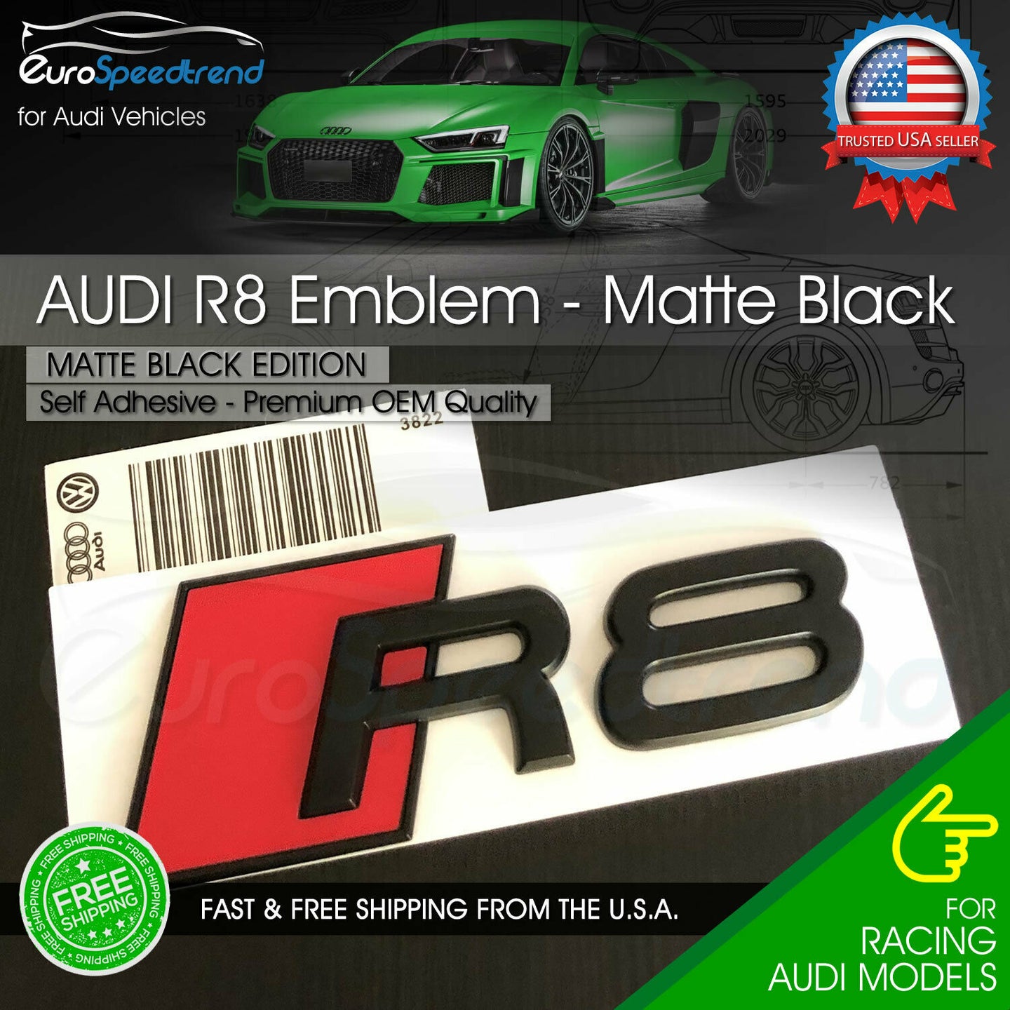 Audi R8 Matte Black Emblem 3D Badge Rear Trunk Lid for Audi S Line Logo OEM