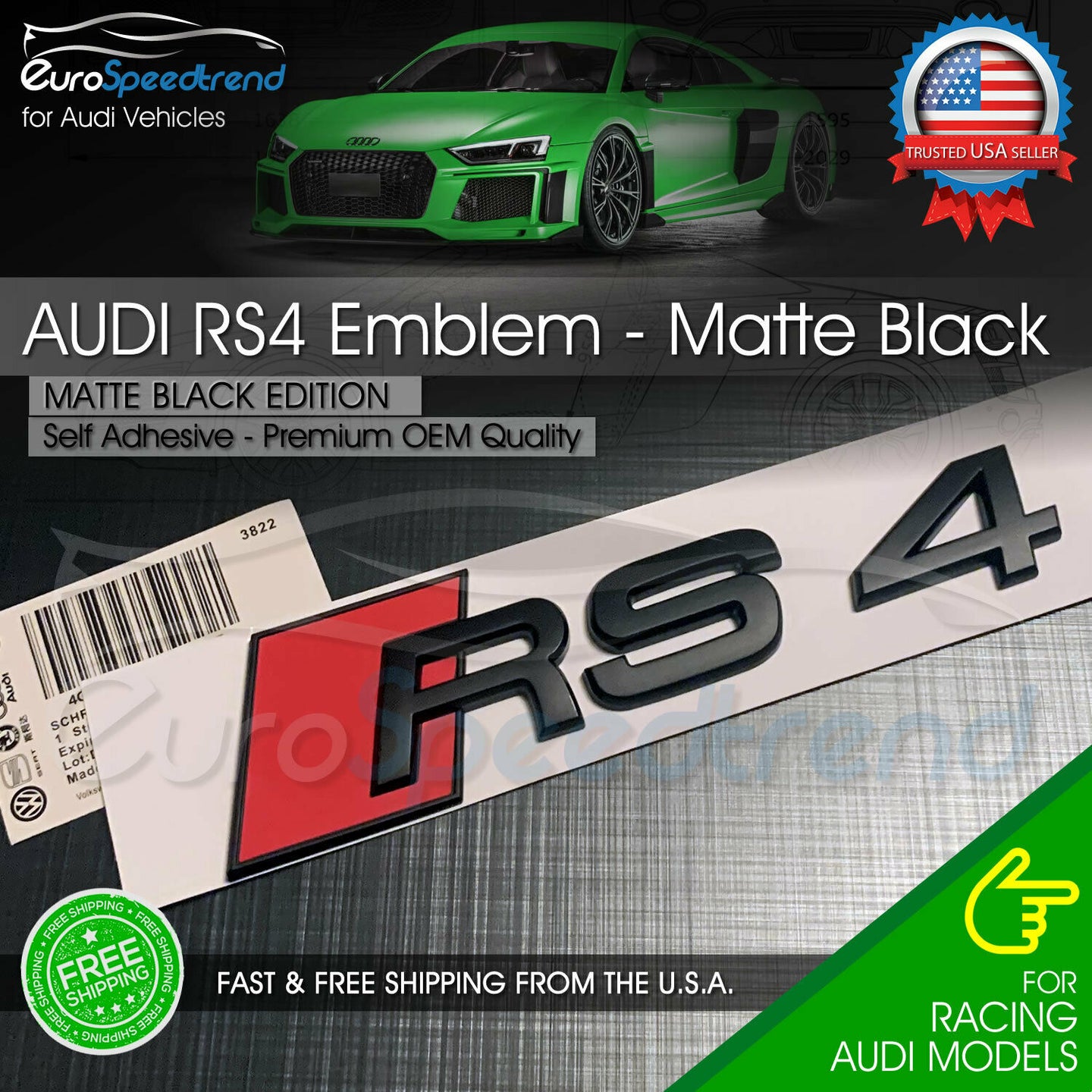 Audi RS4 Matte Black Emblem Rear Trunk Tailgate 3D Badge Audi RS4 S4 A4 Logo OEM