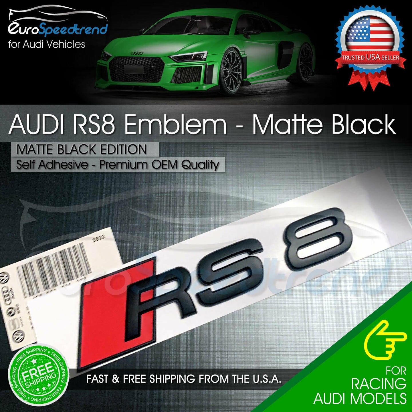 Audi RS8 Matte Black Emblem Rear Trunk Tailgate 3D Badge fit Audi RS8 S8 Logo A8