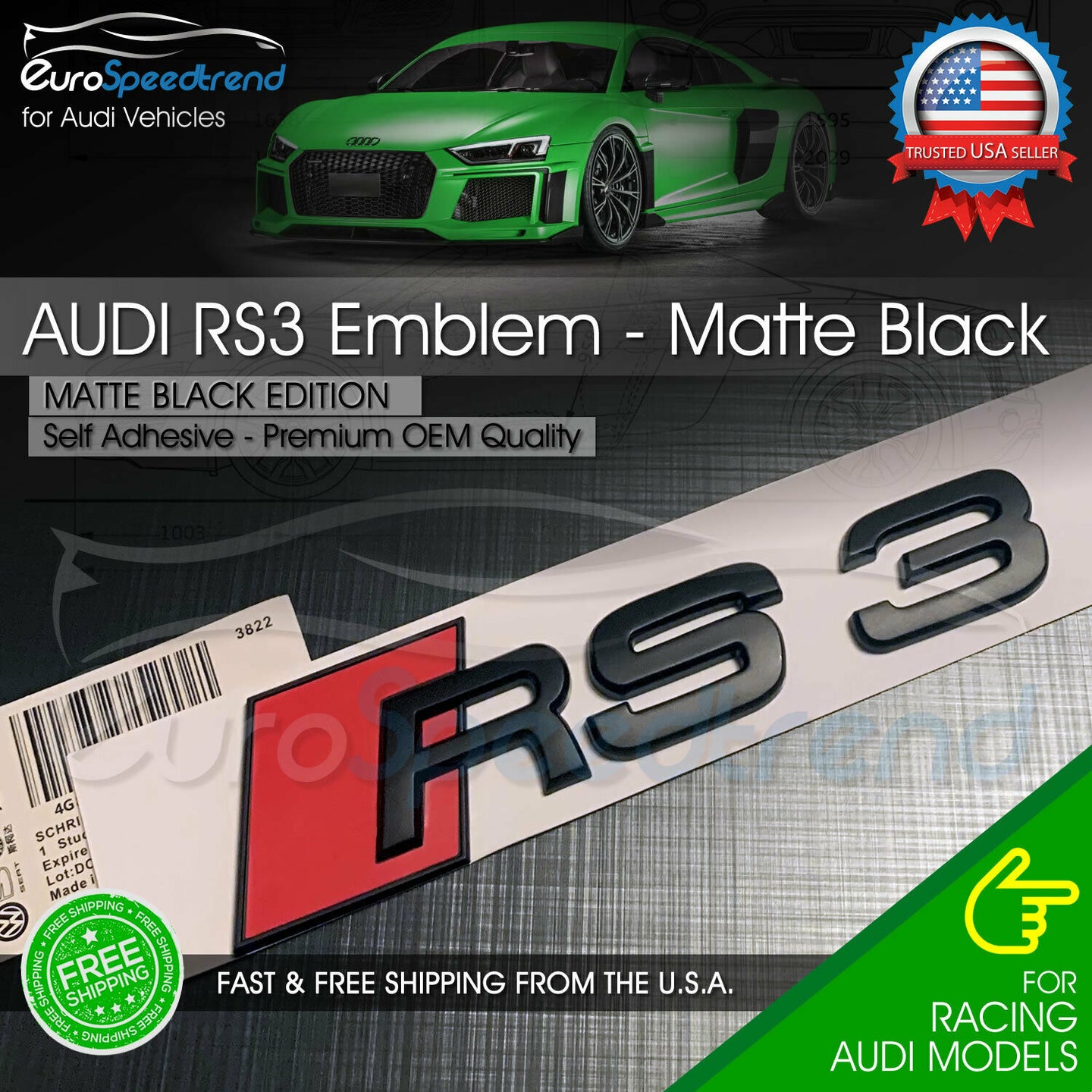 Audi RS3 Matte Black Emblem 3D Badge Rear Trunk Tailgate for Audi RS3 S3 Logo A3
