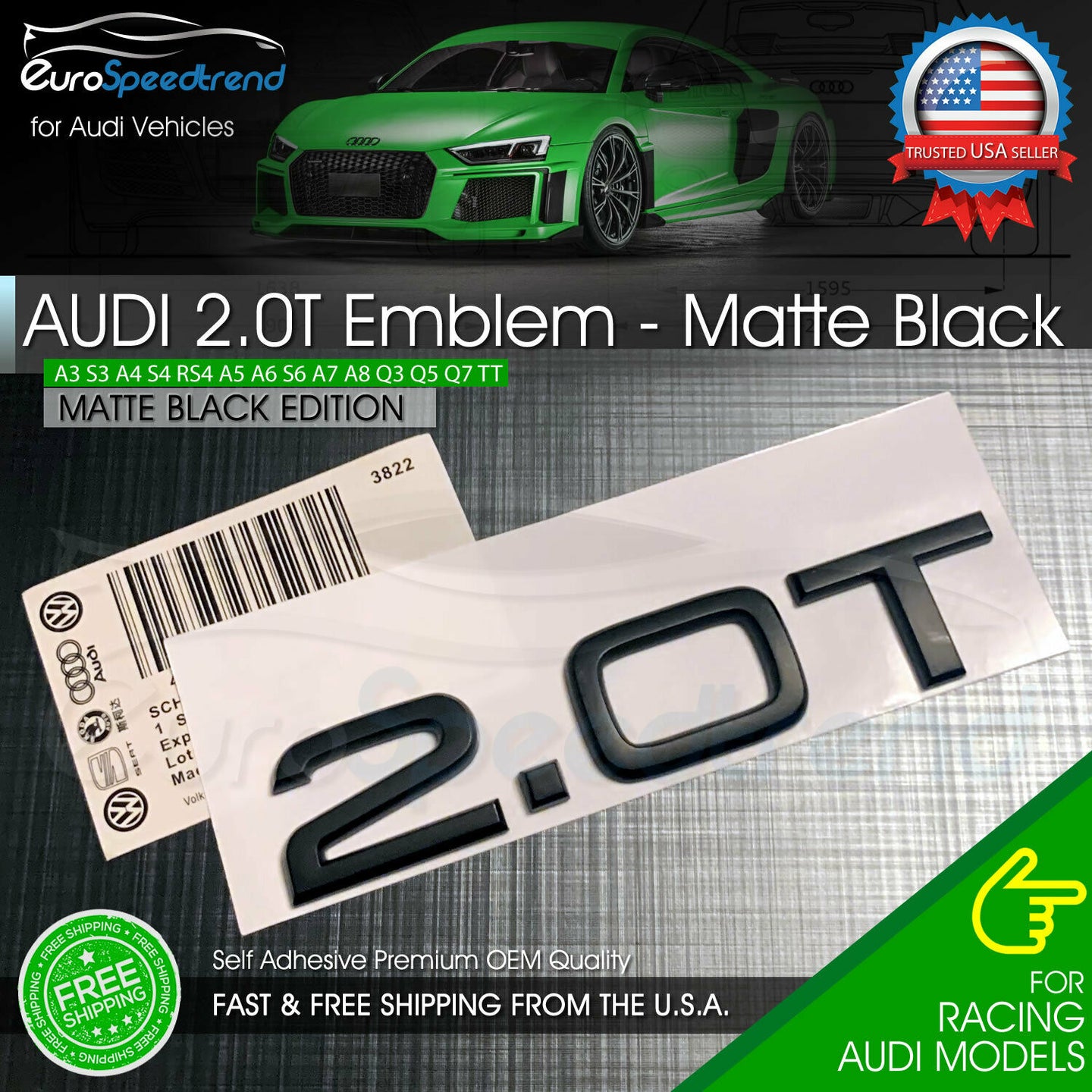 2.0T Emblem Matte Black 3D Badge Trunk for Audi Nameplate OEM Compact S Line A4