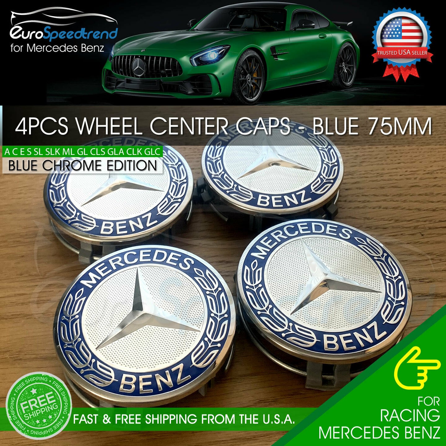 4x Mercedes Benz Wheel Center Hub Caps Blue Emblem 75MM AMG Laurel Wreath