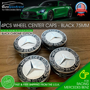 4x Mercedes Benz Black Wheel Center Hub Caps Emblem 75MM AMG Laurel Wreath