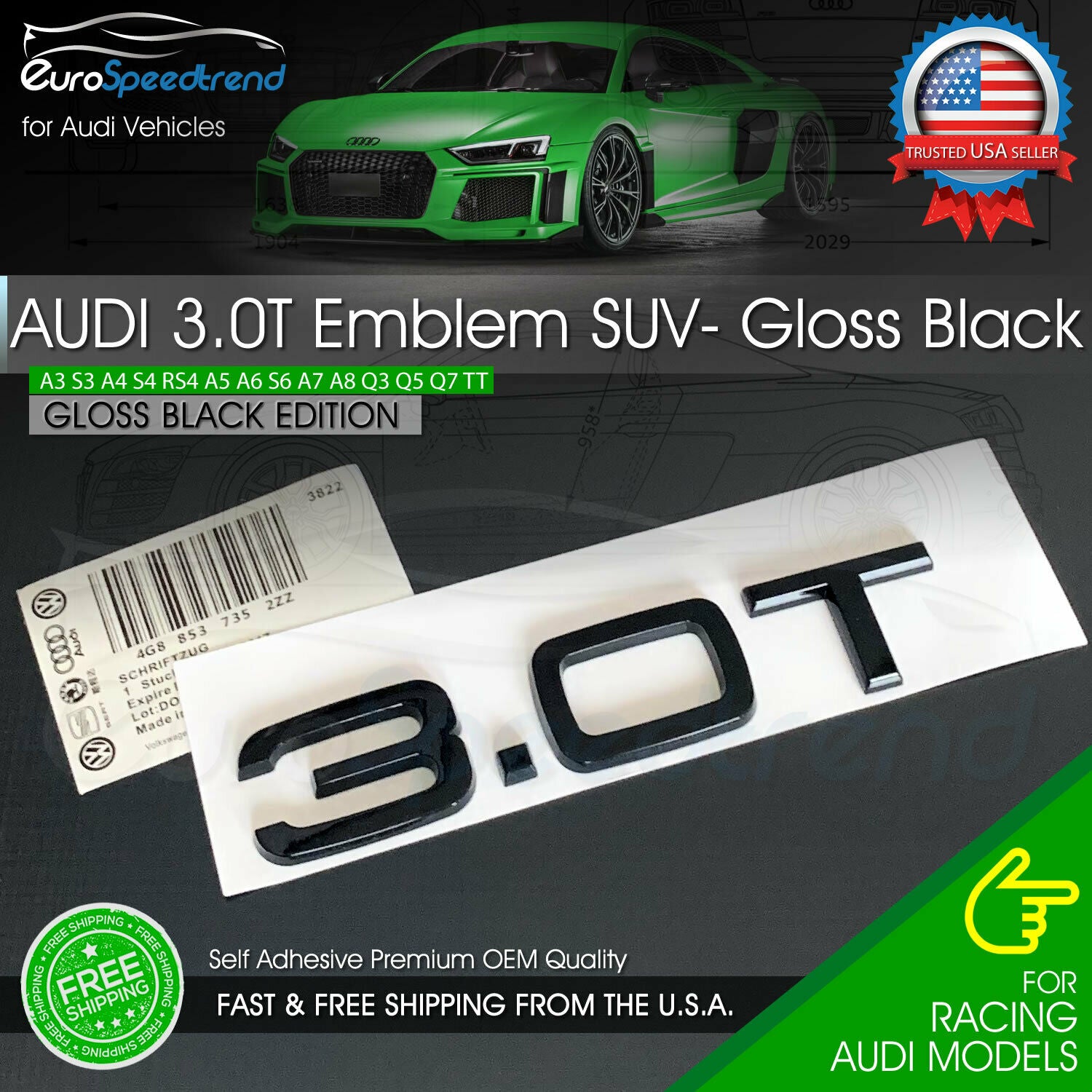 3.0T Emblem Gloss Black 3D Badge Trunk for Audi Nameplate OEM SUV Q5 Q