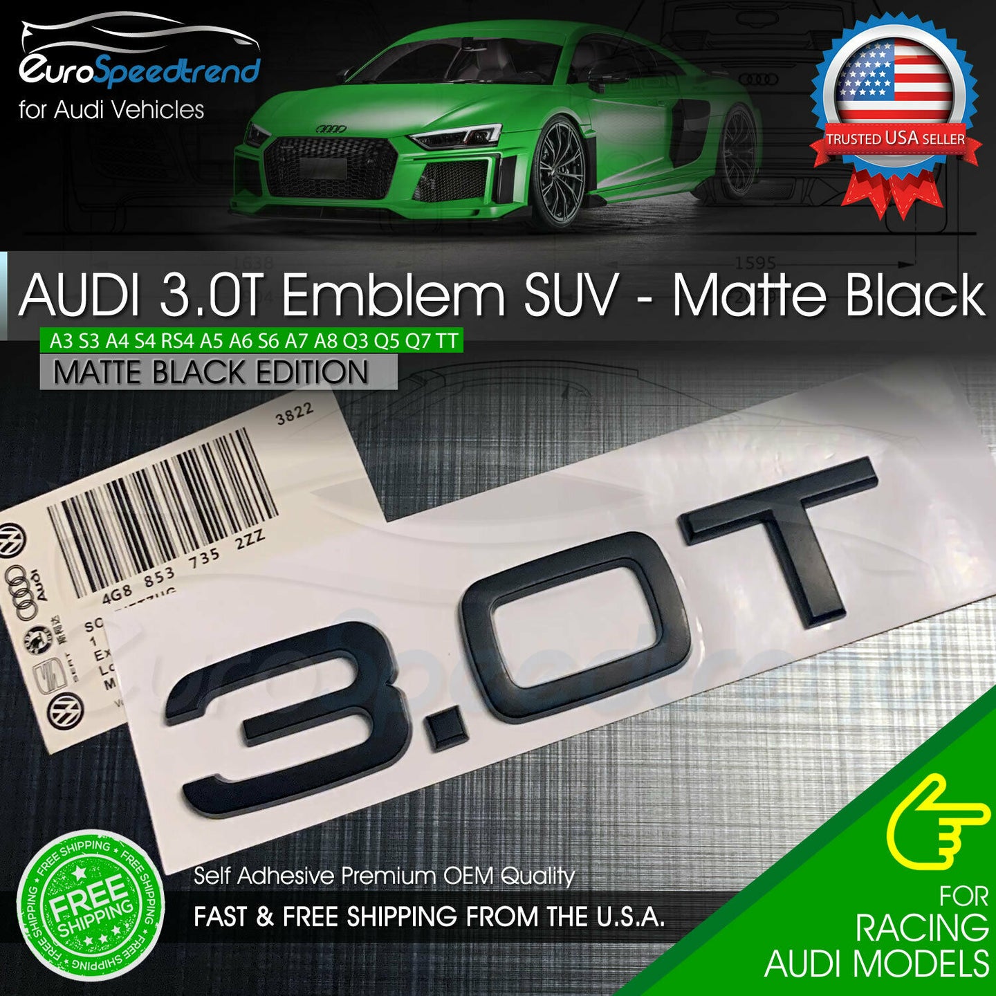 3.0T Emblem Matte Black 3D Trunk Badge for Audi Nameplate OEM SUV Q5 Q7 S Line
